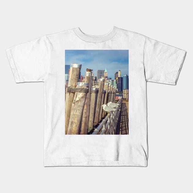 Seagulls Manhattan Skyline Liberty Island New York City Kids T-Shirt by eleonoraingrid